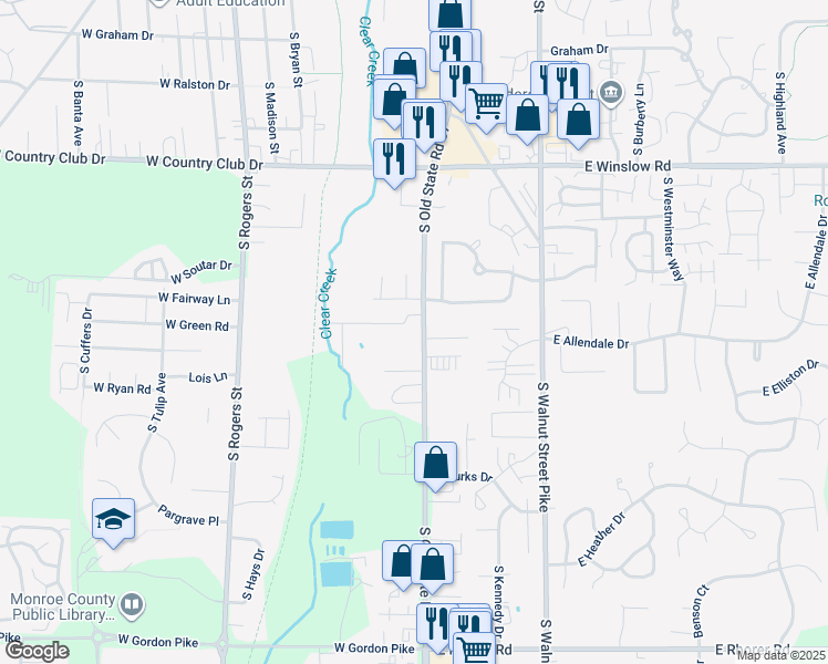 map of restaurants, bars, coffee shops, grocery stores, and more near 3090 South Old State Road 37 in Bloomington
