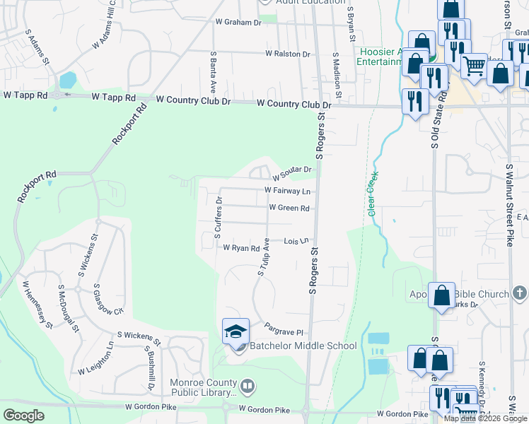 map of restaurants, bars, coffee shops, grocery stores, and more near 580 West Ladd Avenue in Bloomington