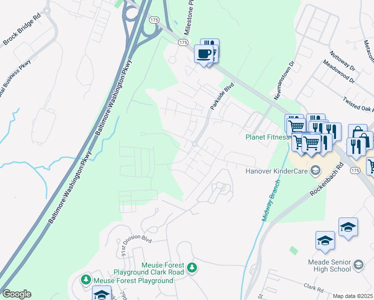 map of restaurants, bars, coffee shops, grocery stores, and more near 7881 Parkside Boulevard in Hanover