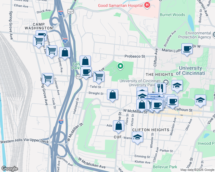 map of restaurants, bars, coffee shops, grocery stores, and more near 607 Tafel Street in Cincinnati