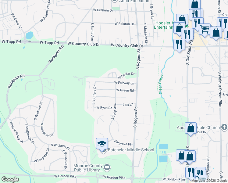 map of restaurants, bars, coffee shops, grocery stores, and more near 580 West Ladd Avenue in Bloomington