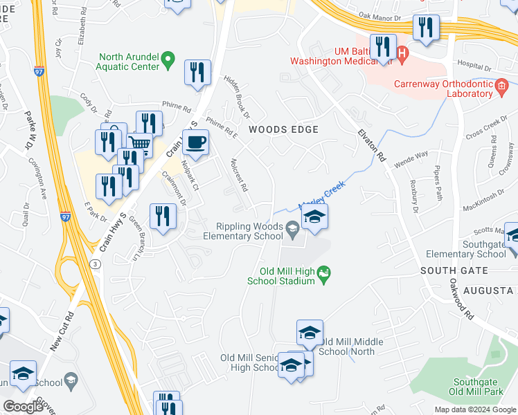 map of restaurants, bars, coffee shops, grocery stores, and more near 7998 Nolcrest Road in Glen Burnie