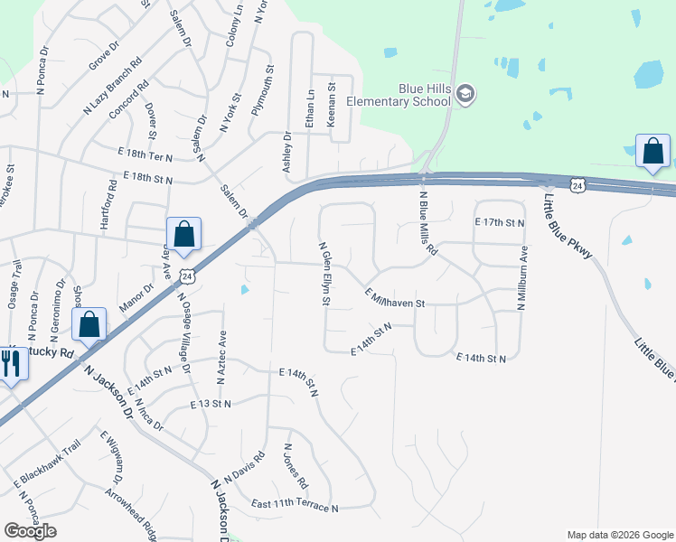 map of restaurants, bars, coffee shops, grocery stores, and more near 19703 East Millhaven Street in Independence