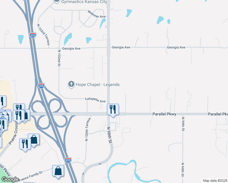 map of restaurants, bars, coffee shops, grocery stores, and more near 2119 North 99 Street in Kansas City