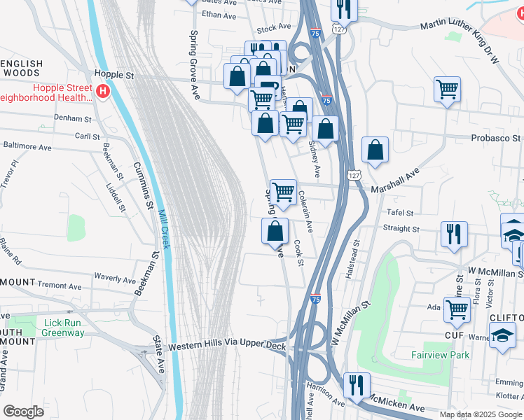 map of restaurants, bars, coffee shops, grocery stores, and more near 2649 Spring Grove Avenue in Cincinnati