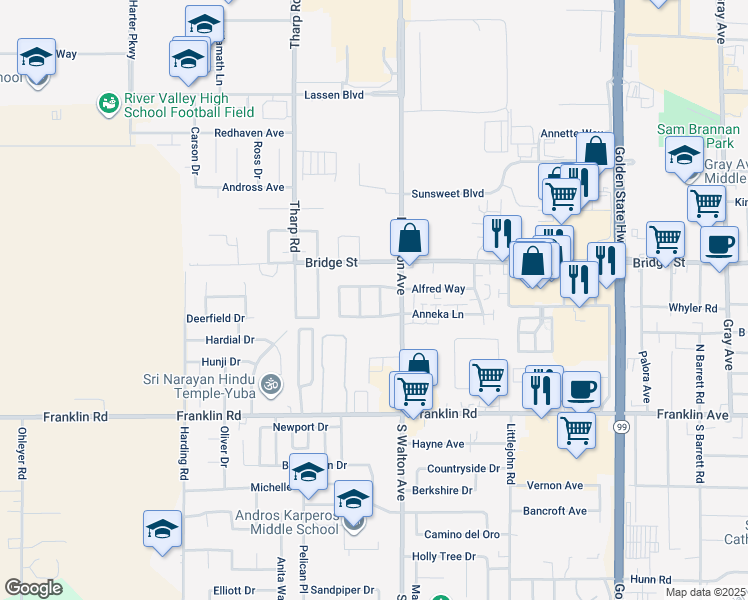 map of restaurants, bars, coffee shops, grocery stores, and more near 1632 Wildflower Circle in Yuba City
