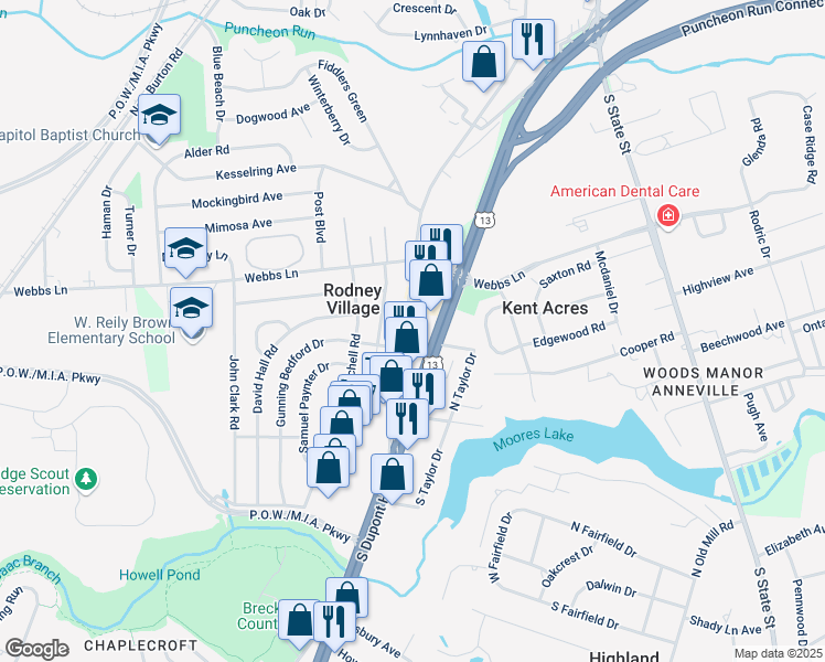 map of restaurants, bars, coffee shops, grocery stores, and more near 1652 South Dupont Highway in Dover