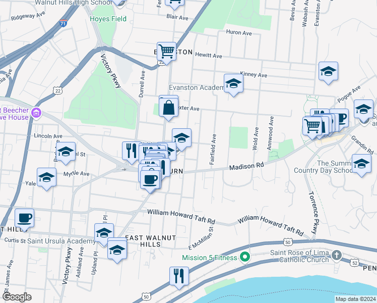 map of restaurants, bars, coffee shops, grocery stores, and more near 1715 Fernwood Street in Cincinnati