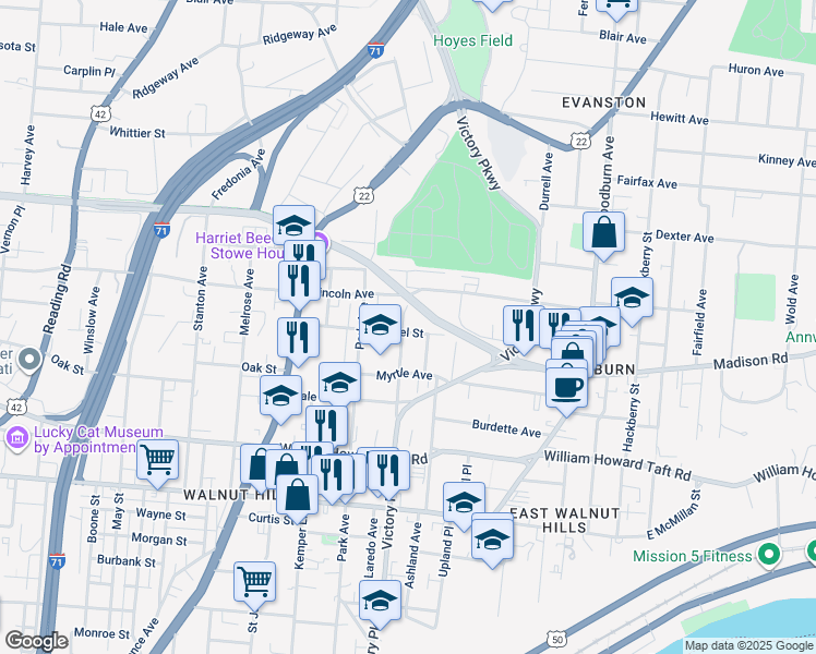 map of restaurants, bars, coffee shops, grocery stores, and more near 2825 Alms Place in Cincinnati