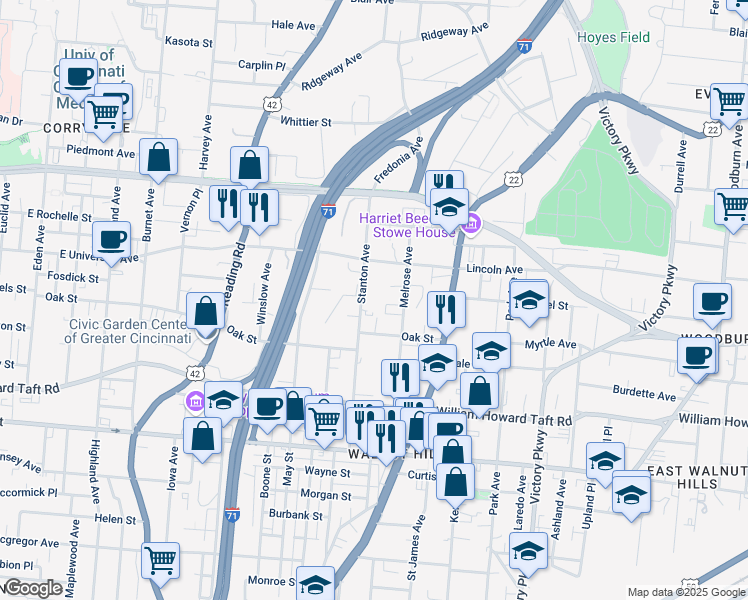 map of restaurants, bars, coffee shops, grocery stores, and more near 2810 Stanton Avenue in Cincinnati