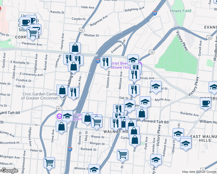 map of restaurants, bars, coffee shops, grocery stores, and more near 2810 Stanton Avenue in Cincinnati
