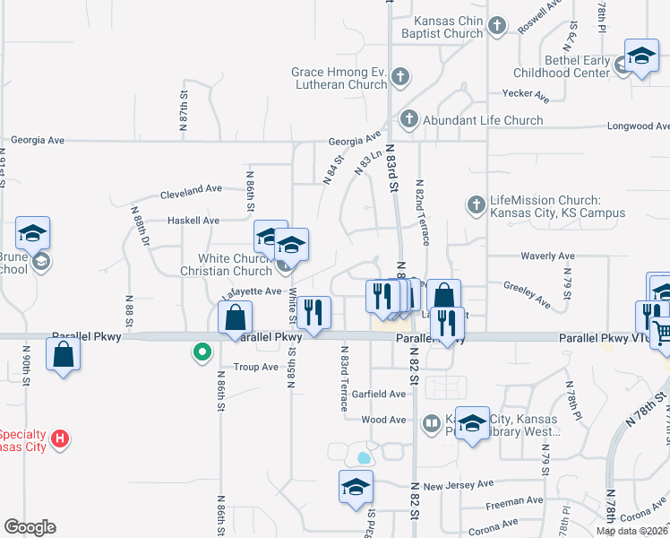 map of restaurants, bars, coffee shops, grocery stores, and more near 8341 Greeley Avenue in Kansas City