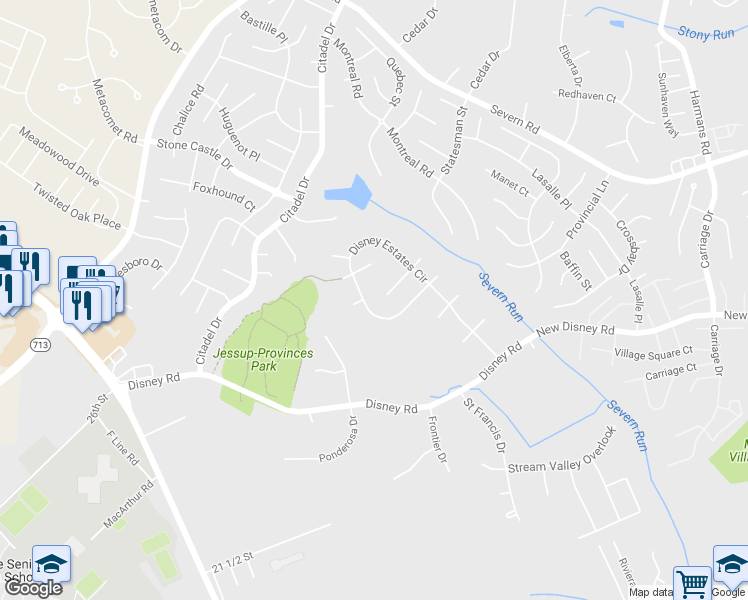 map of restaurants, bars, coffee shops, grocery stores, and more near 7700 West Evanston Court in Severn