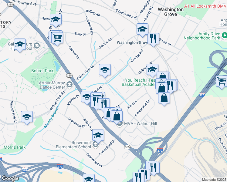 map of restaurants, bars, coffee shops, grocery stores, and more near 110 Central Avenue in Gaithersburg