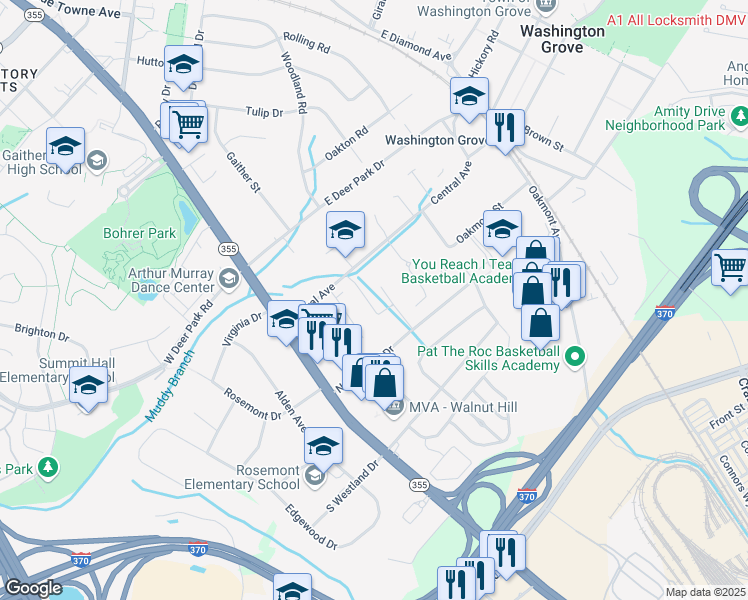 map of restaurants, bars, coffee shops, grocery stores, and more near 110 Central Avenue in Gaithersburg