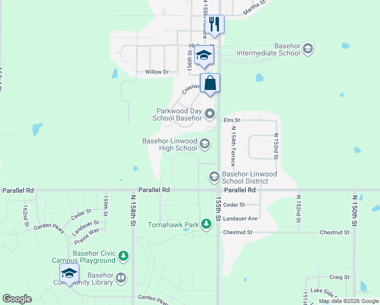map of restaurants, bars, coffee shops, grocery stores, and more near 2108 155th Street in Basehor