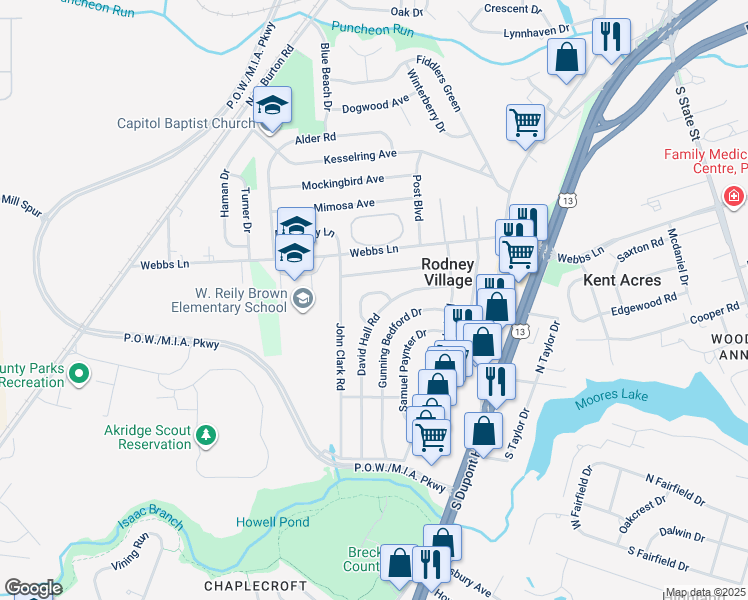 map of restaurants, bars, coffee shops, grocery stores, and more near 18 John Collins Circle in Dover