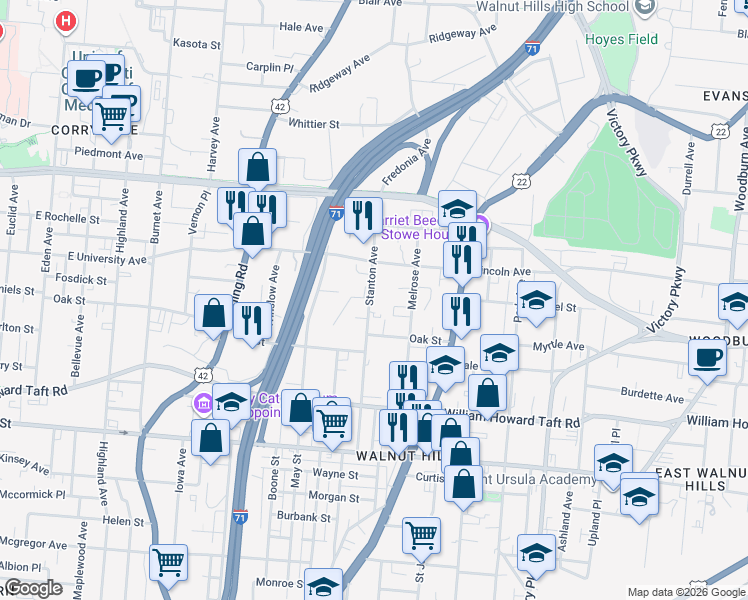 map of restaurants, bars, coffee shops, grocery stores, and more near 2810 Stanton Avenue in Cincinnati