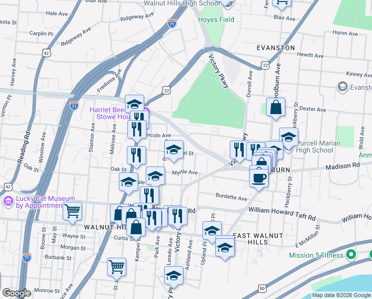 map of restaurants, bars, coffee shops, grocery stores, and more near 2825 Alms Place in Cincinnati