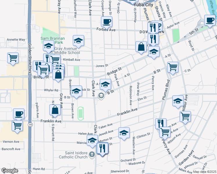 map of restaurants, bars, coffee shops, grocery stores, and more near 505 Cooper Avenue in Yuba City