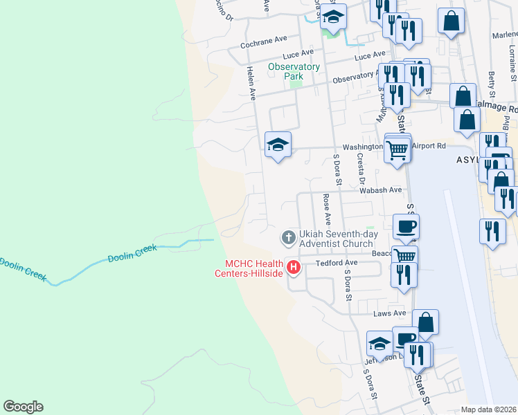 map of restaurants, bars, coffee shops, grocery stores, and more near 1360 Helen Avenue in Ukiah