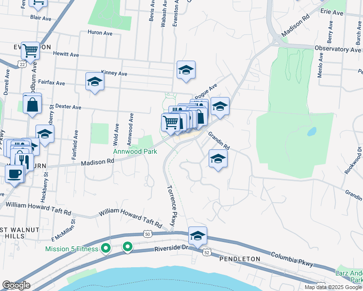 map of restaurants, bars, coffee shops, grocery stores, and more near 582 Torrence Parkway in Cincinnati