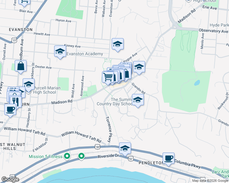 map of restaurants, bars, coffee shops, grocery stores, and more near 582 Torrence Parkway in Cincinnati