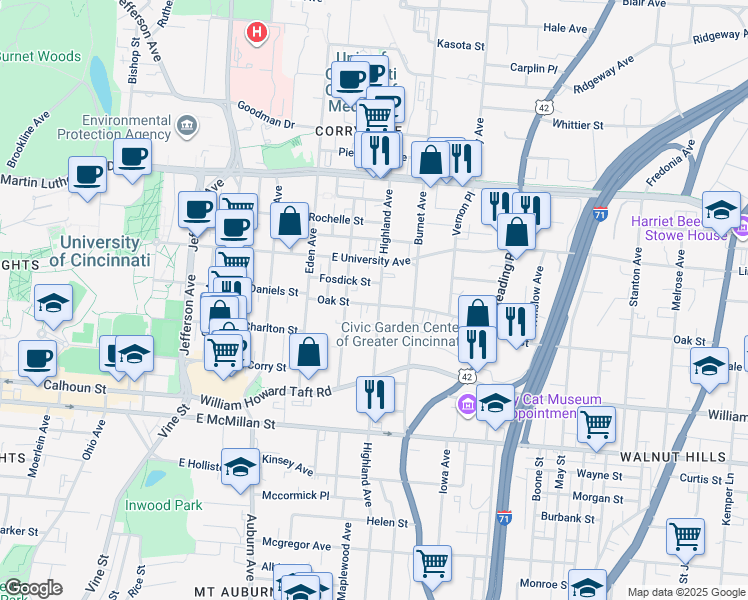 map of restaurants, bars, coffee shops, grocery stores, and more near 2650 Highland Avenue in Cincinnati