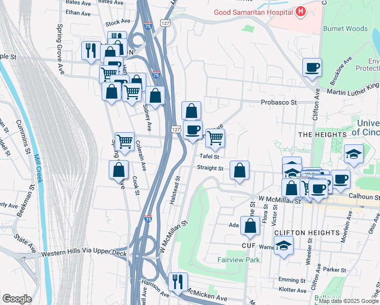 map of restaurants, bars, coffee shops, grocery stores, and more near 2701 West McMicken Avenue in Cincinnati