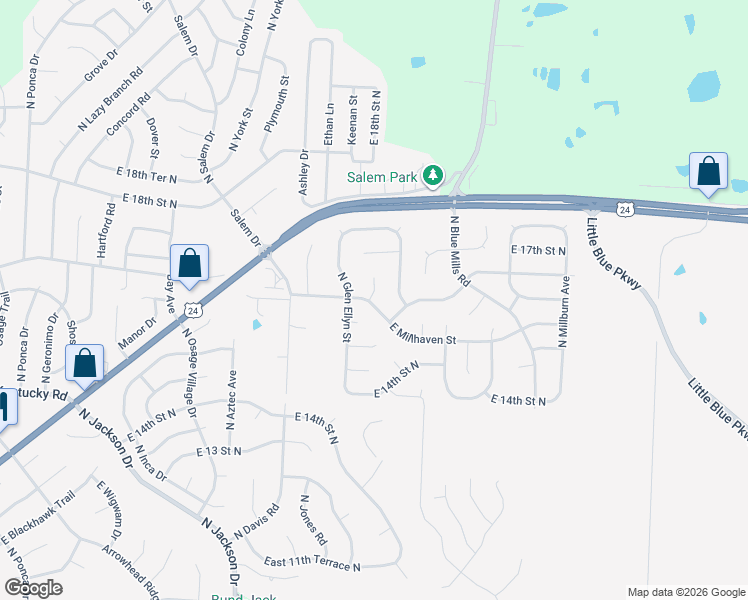 map of restaurants, bars, coffee shops, grocery stores, and more near 19711 East Millhaven Street in Independence