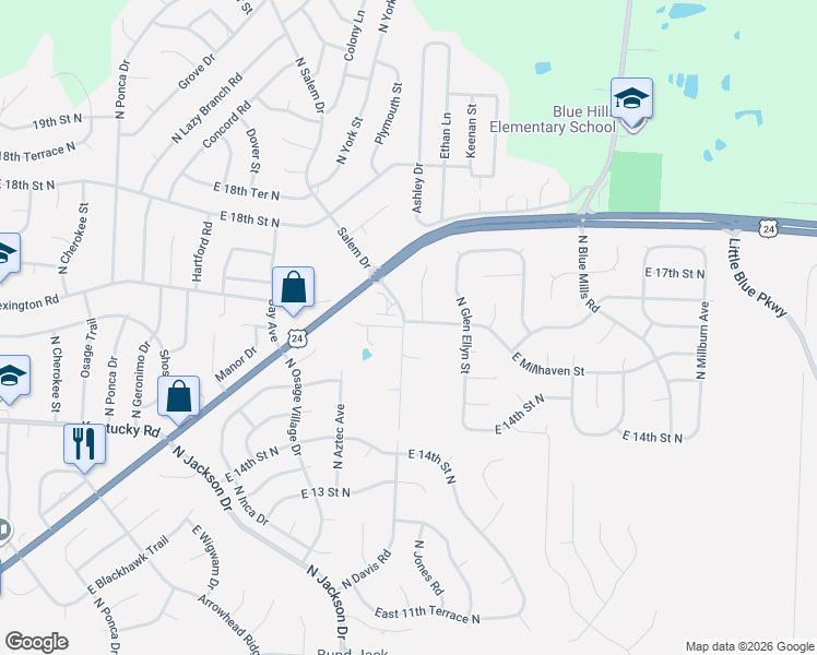 map of restaurants, bars, coffee shops, grocery stores, and more near 1705 North Davis Road in Independence