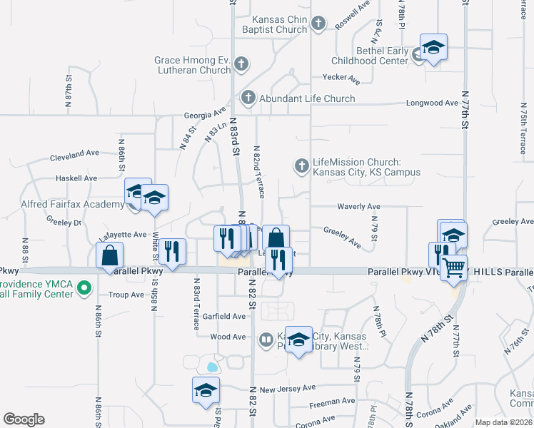map of restaurants, bars, coffee shops, grocery stores, and more near 8146 Greeley Avenue in Kansas City