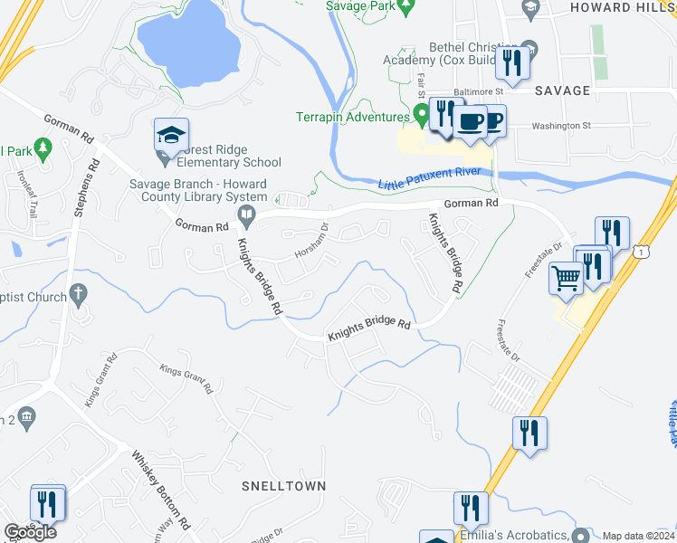 map of restaurants, bars, coffee shops, grocery stores, and more near 9606 Donnan Castle Court in Laurel