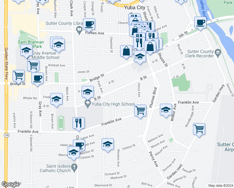 map of restaurants, bars, coffee shops, grocery stores, and more near 463 Robinson Avenue in Yuba City