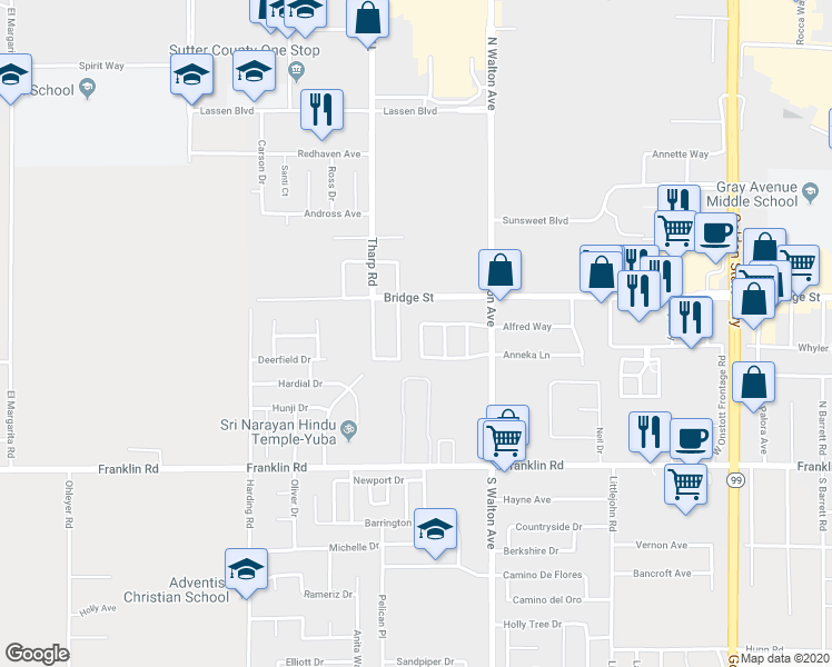map of restaurants, bars, coffee shops, grocery stores, and more near 1712 Wildflower Circle in Yuba City