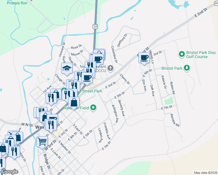 map of restaurants, bars, coffee shops, grocery stores, and more near 527 East 3rd Street in Waverly
