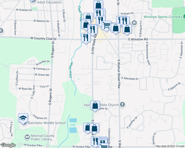 map of restaurants, bars, coffee shops, grocery stores, and more near 102 Hoosier Street in Bloomington
