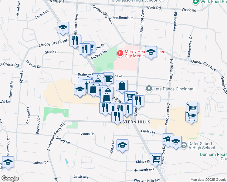 map of restaurants, bars, coffee shops, grocery stores, and more near 3173 West Tower Lane in Cincinnati