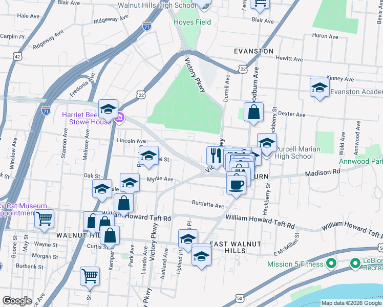 map of restaurants, bars, coffee shops, grocery stores, and more near in Cincinnati