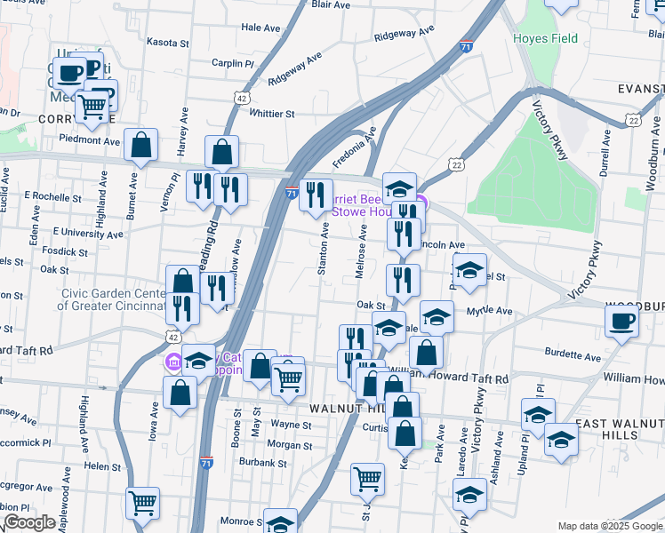 map of restaurants, bars, coffee shops, grocery stores, and more near 2867 Stanton Avenue in Cincinnati