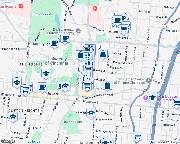 map of restaurants, bars, coffee shops, grocery stores, and more near 2802 Short Vine Street in Cincinnati