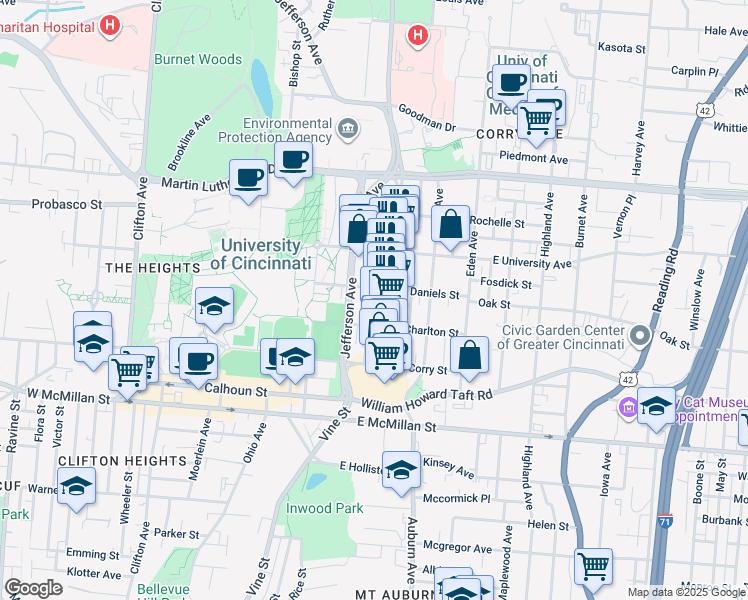 map of restaurants, bars, coffee shops, grocery stores, and more near 2809 Glendora Avenue in Cincinnati