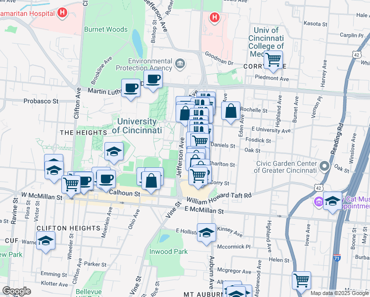 map of restaurants, bars, coffee shops, grocery stores, and more near 2729 Jefferson Avenue in Cincinnati