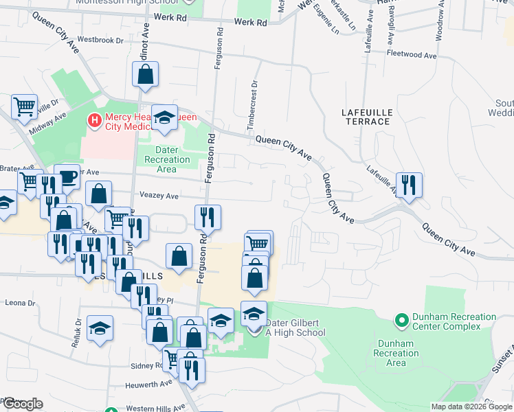 map of restaurants, bars, coffee shops, grocery stores, and more near 2493 Dunaway Court in Cincinnati