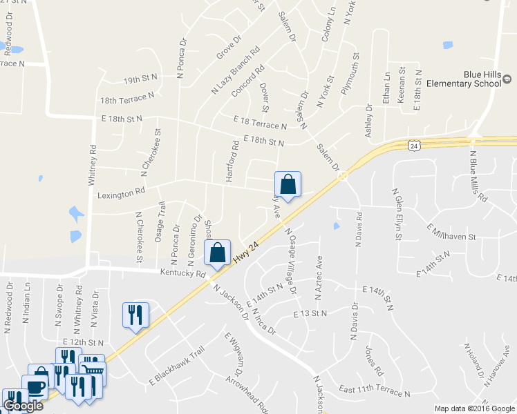 map of restaurants, bars, coffee shops, grocery stores, and more near 18808 East Manor Court in Independence
