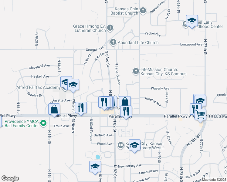 map of restaurants, bars, coffee shops, grocery stores, and more near 2307 North 83rd Street in Kansas City