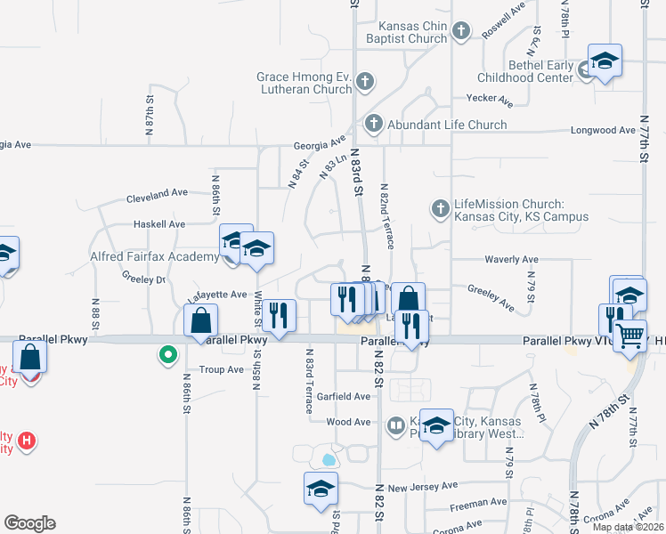 map of restaurants, bars, coffee shops, grocery stores, and more near 2311 North 83rd Street in Kansas City