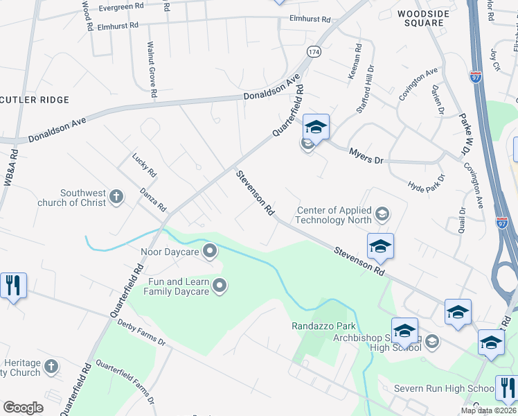 map of restaurants, bars, coffee shops, grocery stores, and more near 871 Stevenson Road in Severn