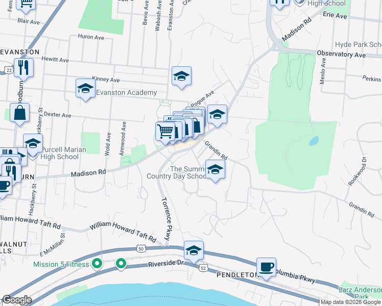 map of restaurants, bars, coffee shops, grocery stores, and more near 2025 Madison Road in Cincinnati