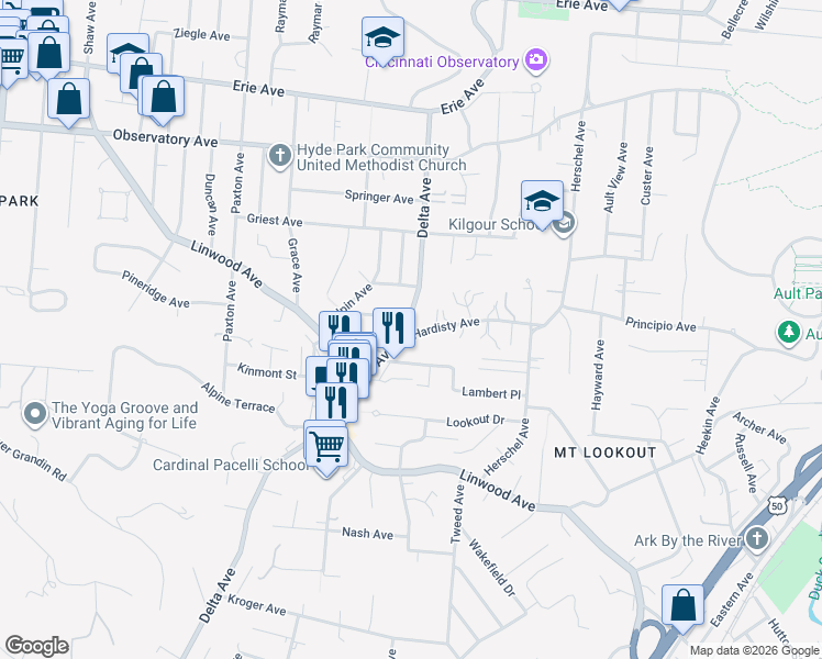 map of restaurants, bars, coffee shops, grocery stores, and more near 1133 Delta Avenue in Cincinnati